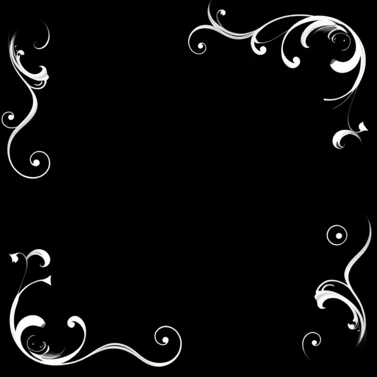 Create a black background with intricate white swirls and curls in the corners, high resolution, ISO 100, f/2.8 aperture, 50mm lens, using a DSLR camera with a shallow depth of field for enhanced clarity and detail.