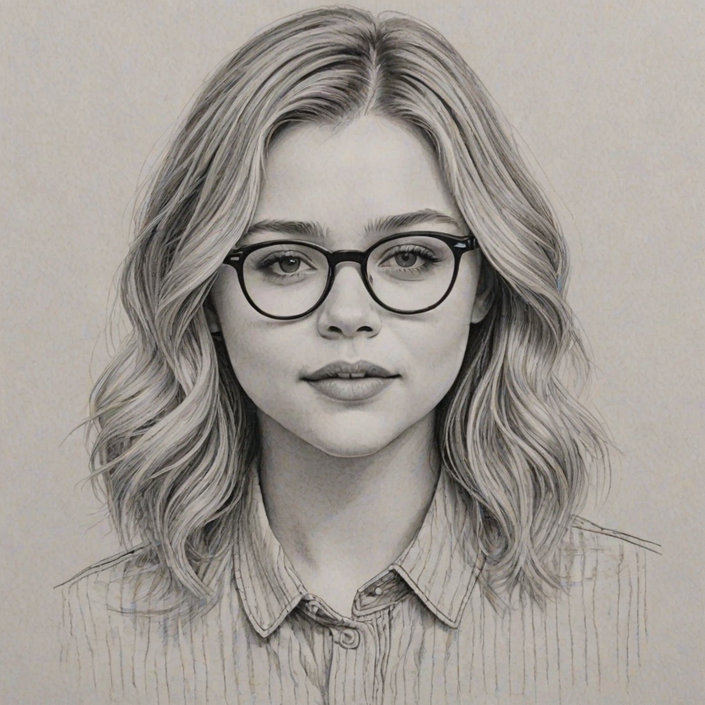 Radiant Chlo' Grace Moretz, pencil sketch, portrait of Splendid woman 1975s in glasses, hair style beatnik, outline, clear lines, fine lines, 8k