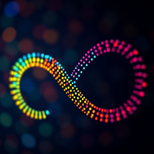 Create a high-resolution image of a colorful infinity symbol composed of multicolored dots, using a DSLR camera, 50mm lens, f/1.8 aperture, ISO 100, 1/125s shutter speed, and a smooth bokeh effect.