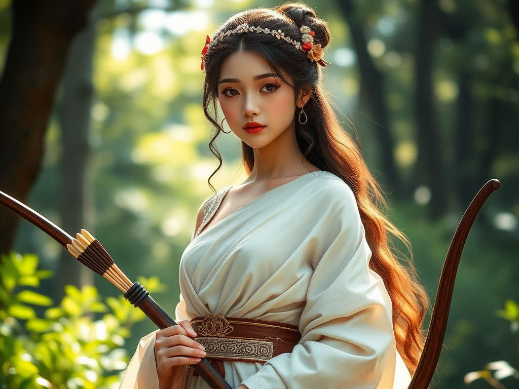 Create a portrait of a goddess-like Japanese girl figure in a tranquil, forested environment. She has an elegant appearance with long, wavy hair styled in an updo and adorned with a delicate, floral headband. She wears a flowing, ancient Greek-inspired gown in a soft, pale color, featuring a one-shoulder design and draped fabric that accentuates her graceful form. The outfit includes a decorative belt with ornate gold detailing, and she holds a bow in her hand, with a quiver of arrows slung over her shoulder. The background depicts lush greenery, with sunlight filtering through the trees, casting a gentle, ethereal light on the scene. Her expression is calm and contemplative, embodying a sense of wisdom and serenity.