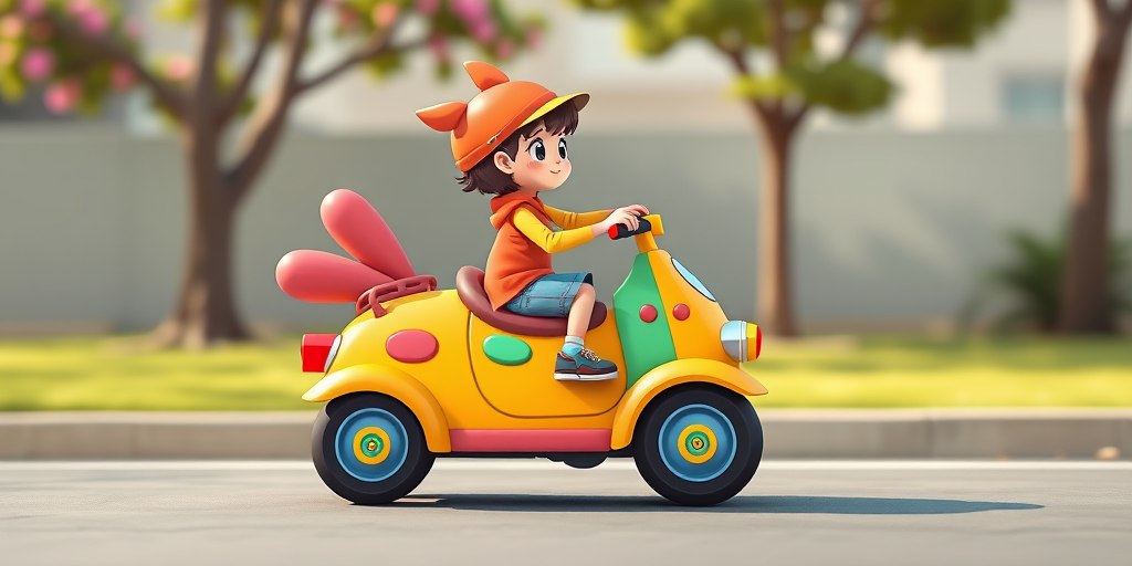 Create a cartoon-style illustration of a whimsical creature resembling a colorful flat vehicle with a person riding it, using a vibrant and playful color palette, shot with a DSLR camera at f/4 aperture, 50mm lens, natural lighting, and a shallow depth of field.