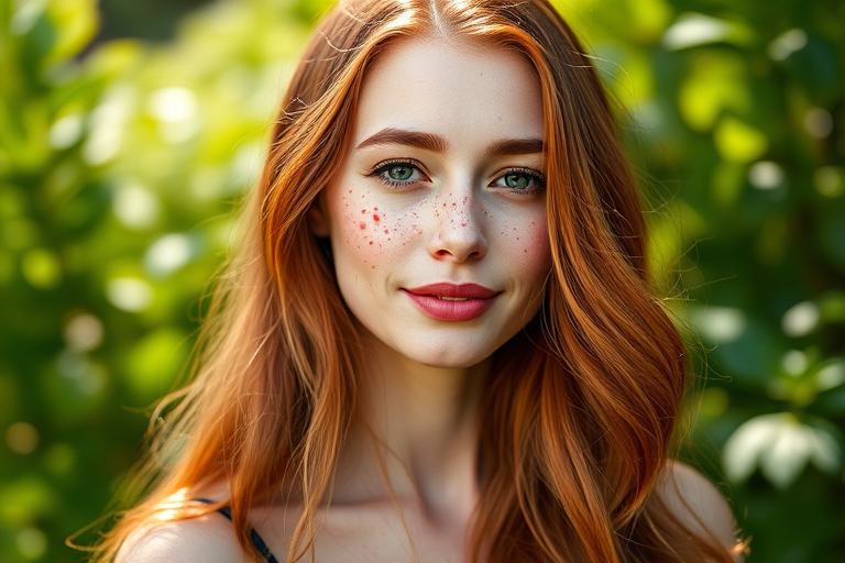Create a portrait of a woman with long, wavy red hair and freckles, set in a lush green background with soft natural light, using a full-frame DSLR camera at 85mm, f/1.8 aperture, ISO 200, with a shallow depth of field to emphasize the subject and create a bokeh effect.