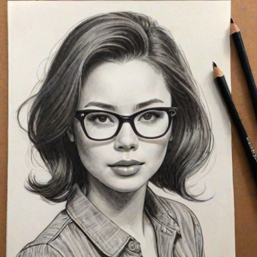 Fascinating Malese Jow, pencil sketch, portrait of Enticing woman 1946s in glasses, hair style beatnik, outline, clear lines, fine lines, 8k