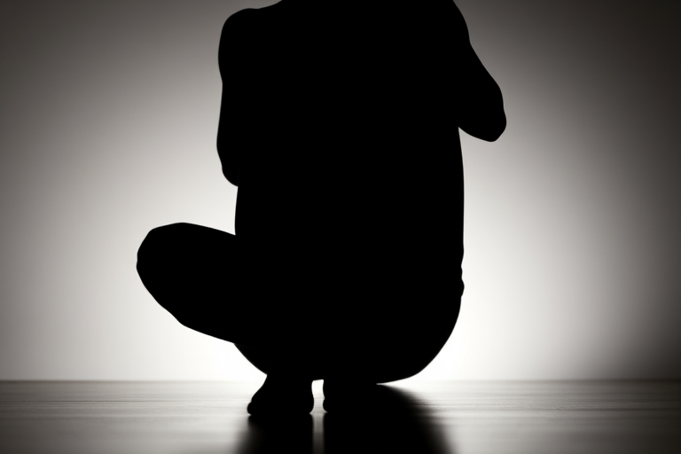 Create a silhouette of a seated figure with knees drawn to the chest, captured in high contrast, using a DSLR camera with a 50mm lens at f/1.8, ISO 100, and a shallow depth of field for a soft background, taken from a low angle to emphasize the form.