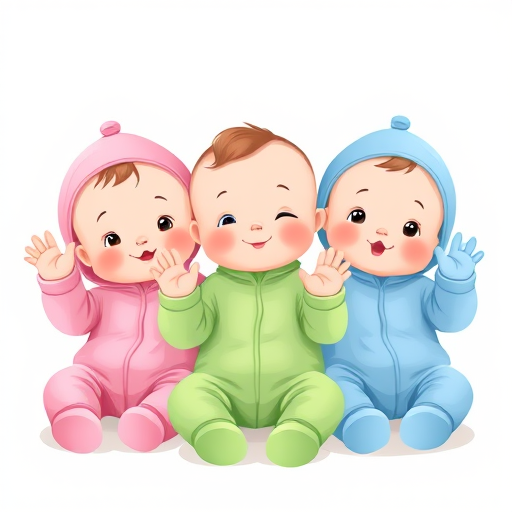 Create an illustration of three cartoon babies in onesies: one pink, one green, and one blue, all sitting and waving, with a soft pastel color palette, using a high-resolution digital art style, shot from a front view with a focus on vibrant colors and smooth lines, simulating a Canon EOS 5D Mark IV with an aperture of f/4, ISO 100, and a shutter speed of 1/125 second.