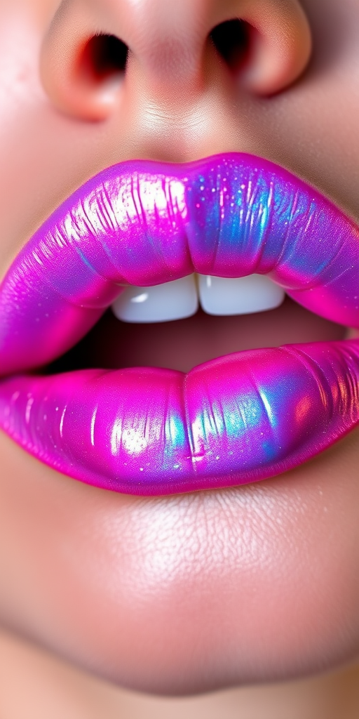 Holographic iridescent lip color shifting between pink and blue, dubbed "Unicorn Dreams," incorporating tiny sparkles for a magical, ethereal look