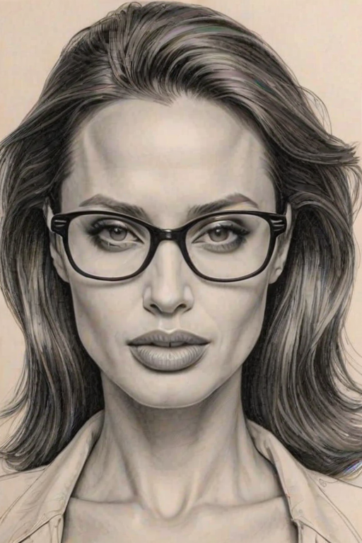 Magnificent Angelina Jolie, pencil sketch, portrait of Stunning woman 1937s in glasses, hair style beatnik, outline, clear lines, fine lines, 8k