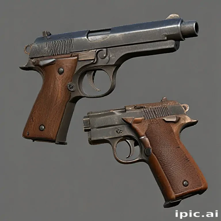 A Detailed View of Two Classic Handguns with Wooden Grips on Display.