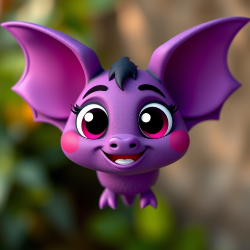 Regenerate a cute cartoon bat character with vibrant purple color, large expressive eyes, and exaggerated features in a bright, playful style, using a DSLR camera with a 50mm lens, f/1.8 aperture, and 100 ISO for a smooth background blur, at eye level.