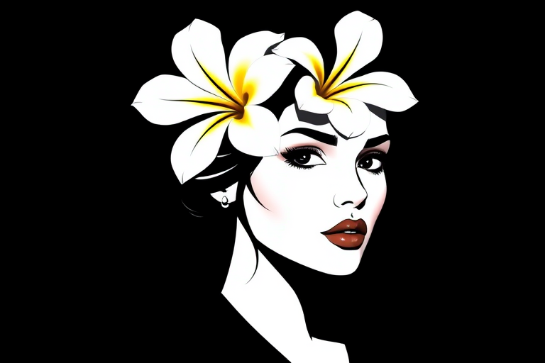 Create a high-quality vector illustration of a woman with a stylish black silhouette, featuring a confident expression and two large white flowers with yellow centers on her head, using a Canon EOS R5, aperture f/2.8, ISO 100, 50mm lens, soft focus background for depth.