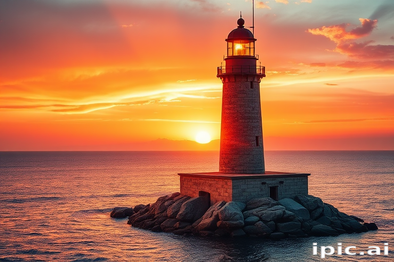 Generate an image of a tall lighthouse perched on a rocky outcrop surrounded by calm ocean waters during a breathtaking sunset. The lighthouse stands sturdy and weathered, its stone surface illuminated by the warm golden light of the setting sun. The sun's rays pass directly through the glass lantern room at the top of the lighthouse, casting a brilliant light across the scene. The sky is painted with vibrant shades of orange, pink, and purple, reflecting off the tranquil sea. The surrounding water shimmers with the same warm hues, creating a serene and majestic atmosphere.