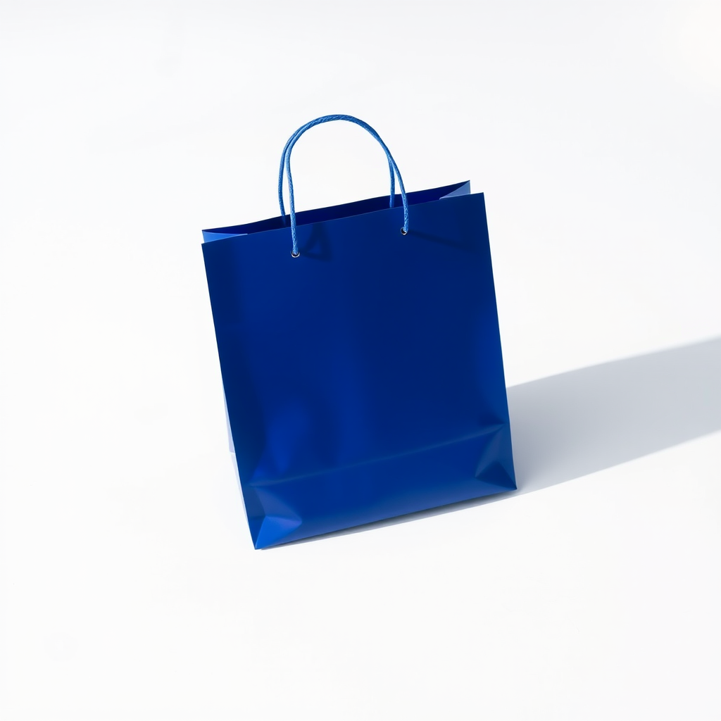 Create a high-resolution image of a blue shopping bag on a white background, using a DSLR camera with a 50mm lens, f/1.8 aperture, ISO 100, and shot from a low angle to emphasize depth and texture, natural lighting.