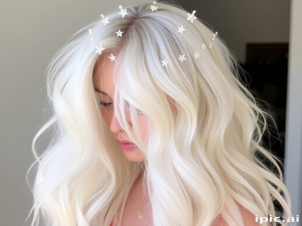 Ethereal white-blonde waves known as "Celestial Halo" float gracefully around the head, adorned with tiny star-shaped crystals and a subtle opalescent sheen