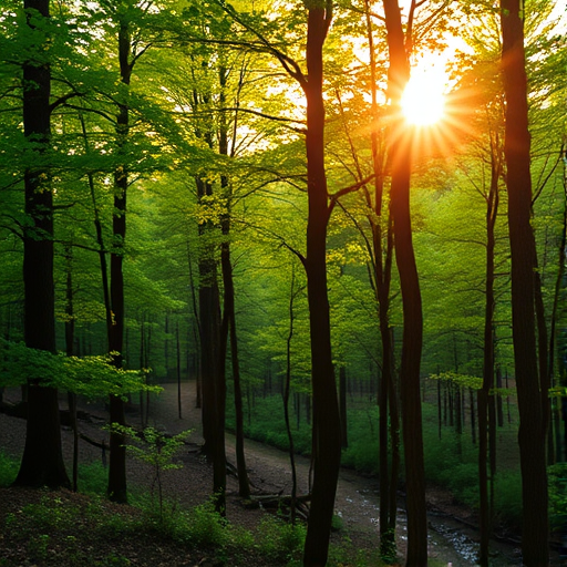 Capture a high-resolution image of a tranquil forest scene during golden hour, using a Canon EOS R5 with a 24-70mm f/2.8 lens, aperture set to f/8 for depth of field, ISO 100, and a shutter speed of 1/200s, focusing on vibrant green trees and soft sunlight filtering through the leaves.