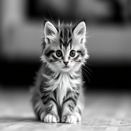 A fluffy kitten sitting on a blurred background, captured in black and white, shallow depth of field, 50mm lens, f/1.8 aperture, ISO 100, natural light, DSLR camera.