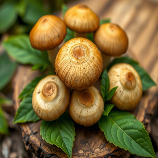 Capture a close-up shot of several brown mushrooms on a wooden board with fresh green leaves around them, using a DSLR camera with a 50mm lens, aperture set to f/2.8 for depth of field, ISO 200 for clarity, and natural lighting to enhance textures and colors.