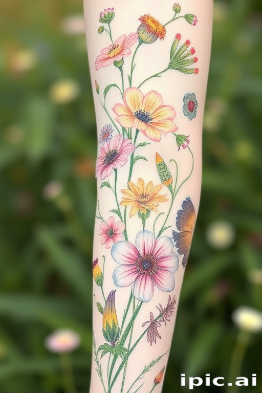 Botanical sleeve featuring native wildflowers, scientifically accurate renderings in soft pastel colors, delicate shading and fine line work