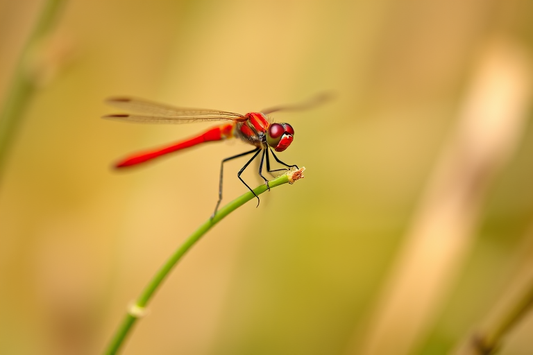 macro shot of a vibrant red dragonfly perched on a slender green stem with a softly blurred natural background, aperture f/2.8, shutter speed 1/200s, ISO 100, captured with a Canon EOS 90D using a 100mm macro lens, natural light, shallow depth of field for enhanced detail and clarity