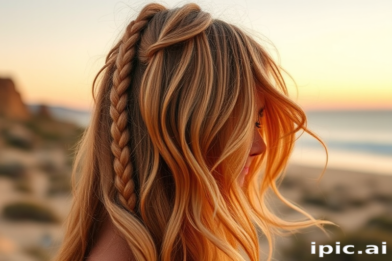 Bohemian desert sunset ombre flowing from warm terracotta to soft peach, styled in tousled beach waves with macramé-inspired braids