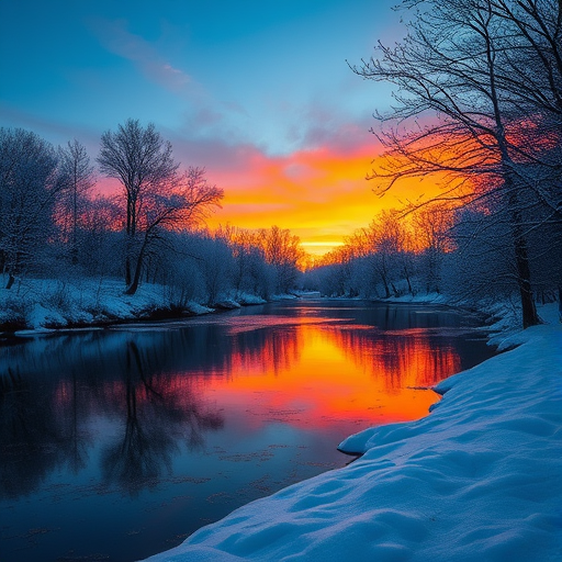 A serene winter landscape featuring a still river reflecting a vibrant sunset with orange and blue hues, surrounded by frosted trees, shot with a Canon EOS 5D Mark IV at f/11, 1/125s, ISO 100, using a wide-angle lens from a low angle to capture the water's surface and foreground snow details.