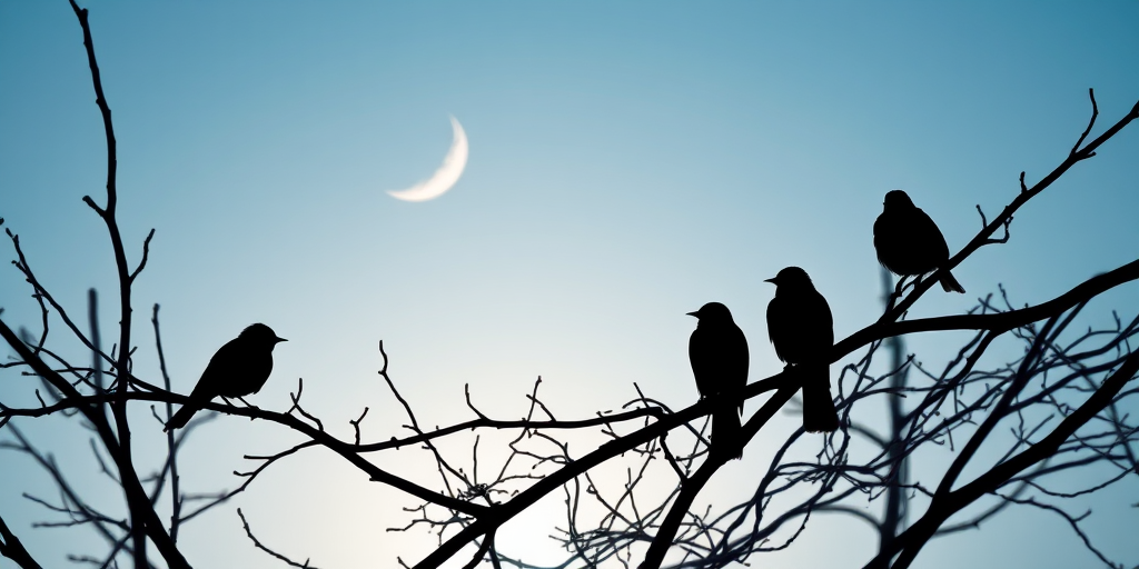 Capture a high-resolution image of silhouetted birds perched on bare tree branches against a bright blue sky with a crescent moon; use a Canon EOS 5D Mark IV, 85mm lens, f/8 aperture, ISO 200, 1/500 sec shutter speed, natural light with soft focus for depth.