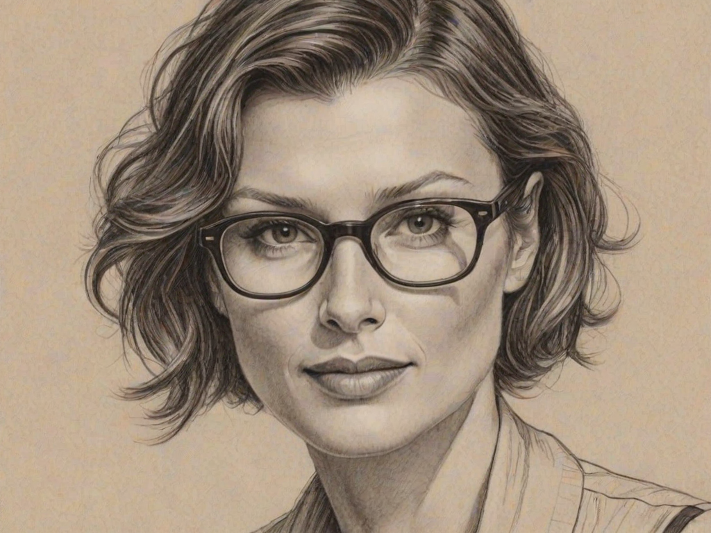Lovely Bridget Moynahan, pencil sketch, portrait of Sublime woman 1926s in glasses, hair style beatnik, outline, clear lines, fine lines, 8k