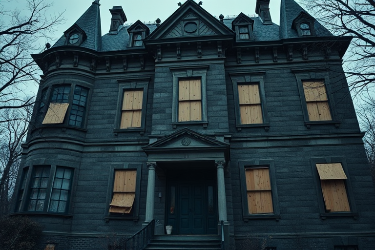 Create a high-resolution image of a haunted mansion with boarded-up windows, showcasing intricate architectural details, using a DSLR camera with a 35mm lens, aperture set to f/8, ISO 200, and a wide-angle view for a dramatic perspective under overcast lighting conditions.
