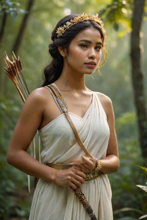 Create a portrait of a goddess-like Nepali girl figure in a tranquil, forested environment. She has an elegant appearance with long, wavy hair styled in an updo and adorned with a delicate, floral headband. She wears a flowing, ancient Greek-inspired gown in a soft, pale color, featuring a one-shoulder design and draped fabric that accentuates her graceful form. The outfit includes a decorative belt with ornate gold detailing, and she holds a bow in her hand, with a quiver of arrows slung over her shoulder. The background depicts lush greenery, with sunlight filtering through the trees, casting a gentle, ethereal light on the scene. Her expression is calm and contemplative, embodying a sense of wisdom and serenity.