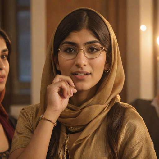 A close-up portrait of a mia khalifa with her eyes closed, singing into a microphone, positioned on the right side of the frame, facing the viewer. She is wearing a brown headscarf, gold earrings, and a brown blouse, and is bathed in warm, golden light emanating from the windows behind her. A blurred figure of a man singing into a microphone is visible in the background. The scene has a sense of calm and spirituality.