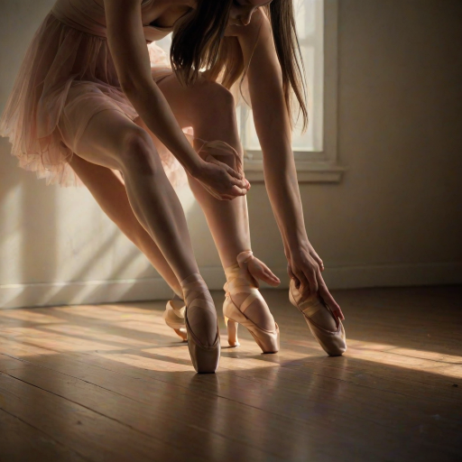Softly lit image of a ballerina tying her pointe shoes in a dimly lit studio, soft light from a nearby window casting long shadows on the worn wooden floor, with faint reflections visible in the studio mirrors.