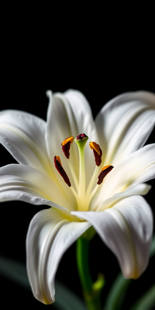 macro shot of a white lily against a black background with high contrast lighting, ISO 100, f/2.8, 1/200 sec, 100mm lens, DSLR camera, natural light, shallow depth of field