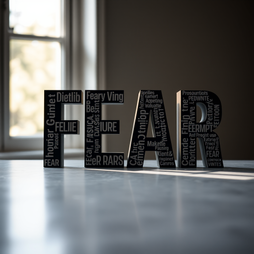 Create an image of the word "FEAR" composed of various related words in different fonts and sizes, shot with a Nikon D850, 50mm lens, f/1.8 aperture, ISO 100, in a soft natural light setting to enhance contrast and depth.