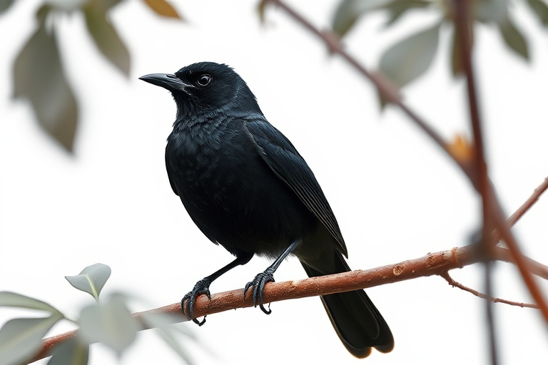 Create a highly detailed illustration of a black bird perched on a branch, using a Canon EOS R5 camera with a 50mm f/1.2 lens, set at ISO 100, aperture f/2.8, and a shutter speed of 1/200 sec, focusing on a clean white background to enhance the vibrancy and sharpness of the bird's features.
