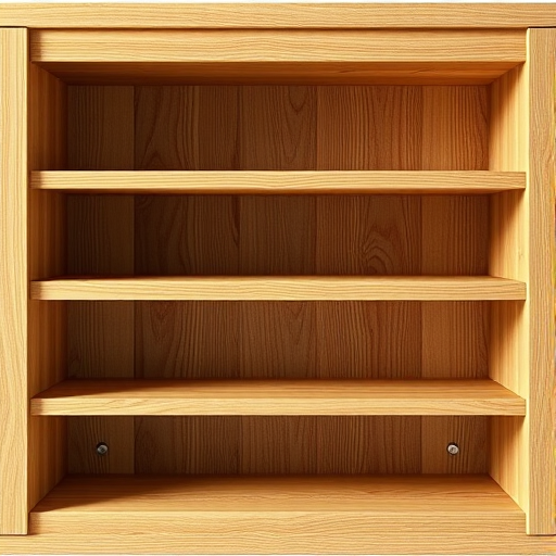 Create a highly detailed digital rendering of a wooden shelving unit with four open shelves, captured using a DSLR camera with a 50mm lens at f/2.8, in a bright, even lighting setup, from a straight-on view to emphasize the texture and grain of the wood.