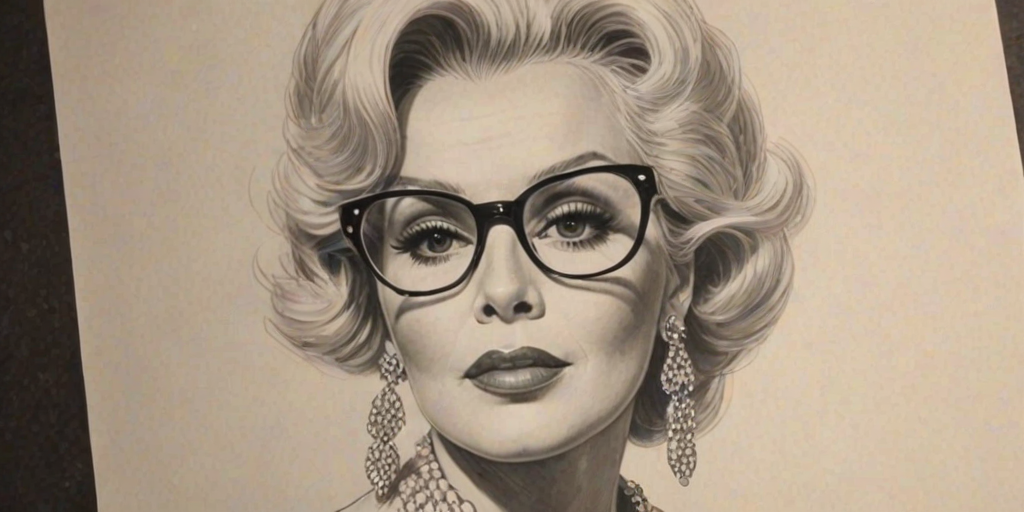 Resplendent Zsa Zsa Gabor, pencil sketch, portrait of Splendid woman 1965s in glasses, hair style beatnik, outline, clear lines, fine lines, 8k