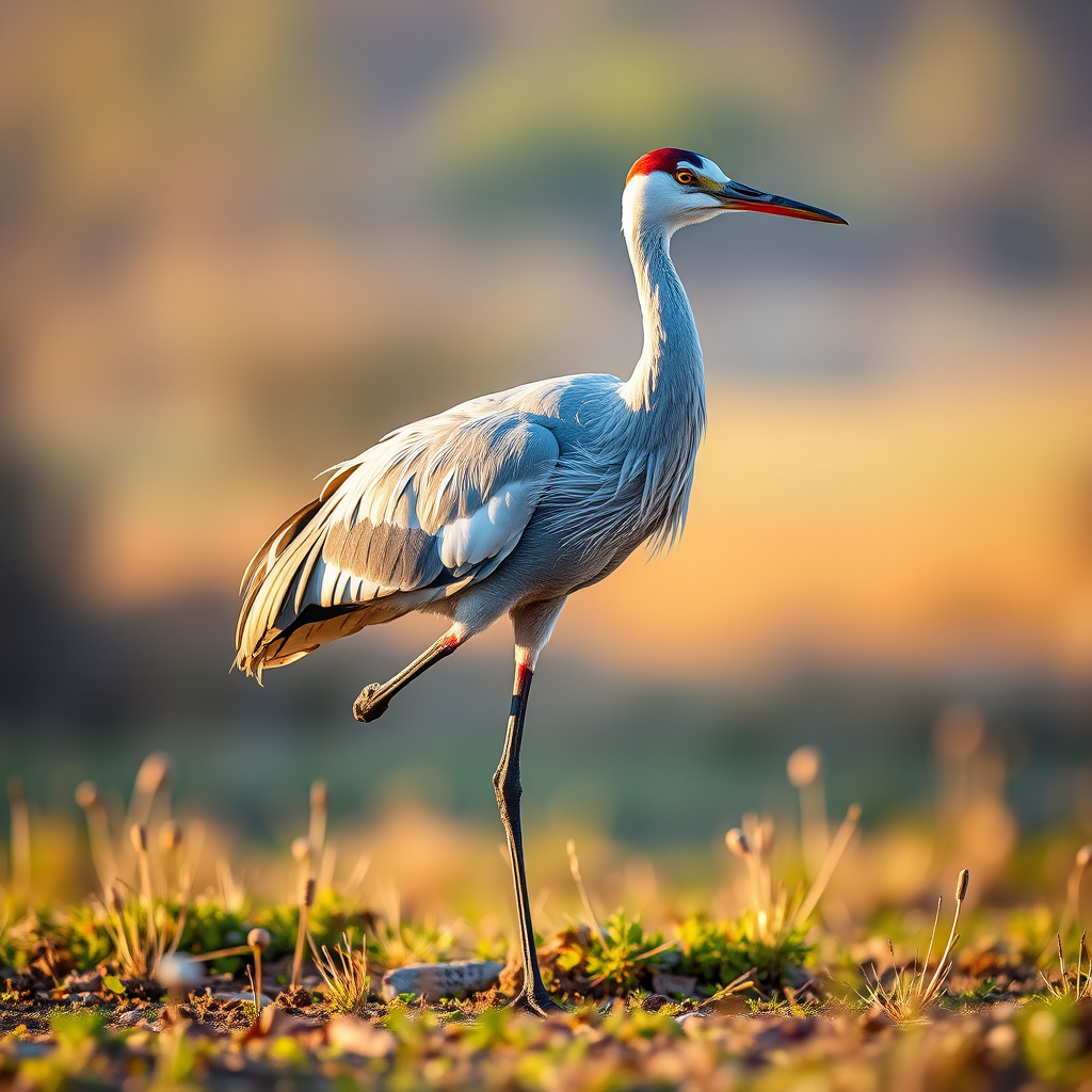 Create a high-quality illustration of a gray crane standing on one leg, using a Canon EOS R5 with a 24-70mm f/2.8 lens, in natural light during golden hour, with a shallow depth of field to enhance details in feathers and sharpness in the foreground.