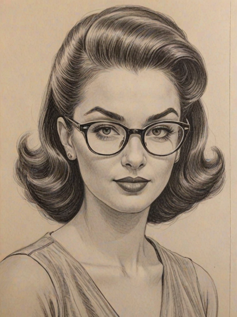 Magnificent Sabrina Dhowre, pencil sketch, portrait of Dazzling woman 1950s in glasses, hair style beatnik, outline, clear lines, fine lines, 8k