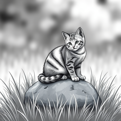 Create a high-resolution black and white illustration of a cute cat sitting on a rock surrounded by grass, using a DSLR camera with a 50mm lens, f/2.8 aperture, ISO 100, and a soft focus background effect to enhance detail and clarity.