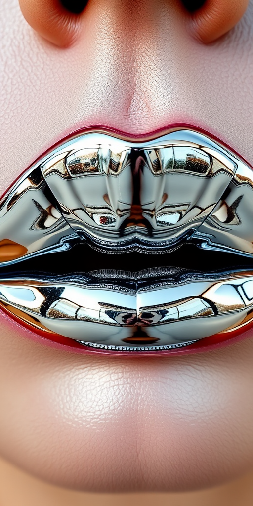 Futuristic chrome lips with a mirror-like silver finish, reflecting surroundings and creating an ultra-modern, sleek appearance