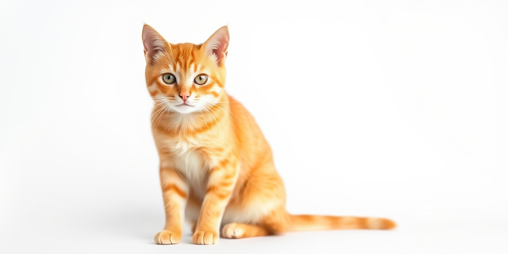high-resolution portrait of an orange tabby cat sitting against a plain white background, 50mm lens, f/2.8 aperture, ISO 100, 1/200s shutter speed, natural light, soft focus effect, professional studio photography