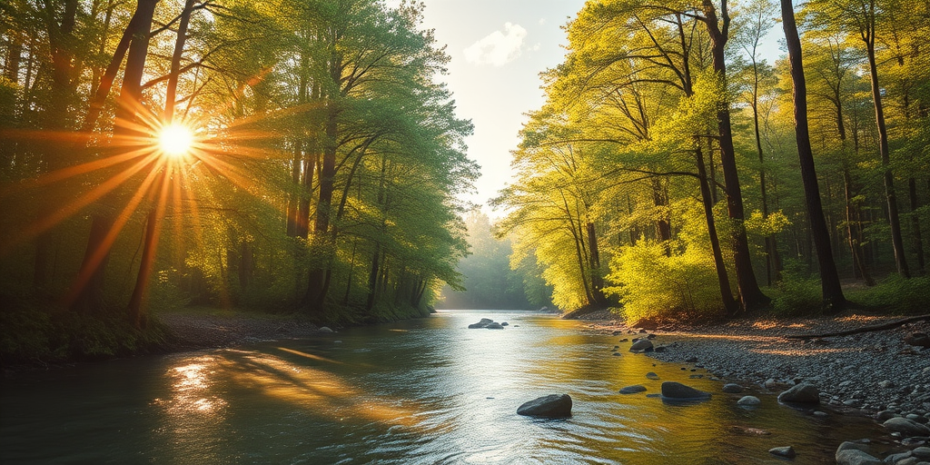 Create an image of a serene, sunlit forest scene with a clear, gently flowing river. Tall trees with lush green foliage line both sides of the river, their leaves bathed in the warm golden light of the setting or rising sun. The sunlight filters through the trees, casting soft, dappled light on the river, which flows over smooth rocks and pebbles, creating a peaceful, natural atmosphere. The sky is bright with a few scattered clouds, and the overall mood is tranquil, evoking a deep sense of connection with nature. The image captures the beauty of a calm, pristine forest landscape at either dawn or dusk.