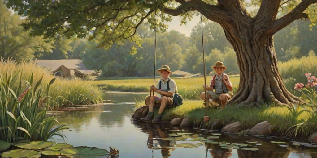 Imagine a small group of old fashioned young boys out fishing by the creek, a swing hanging from a tree branch, reeds and grasses by the water's edge, a frog sitting on a lily pad, dragonflies hovering over som water plans, a very iconic old fashioned scene reminiscent of a Norman Rockwell painting style