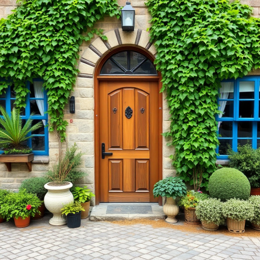 a charming stone house facade with a large wooden door, surrounded by lush green ivy and potted plants, featuring a cobblestone pathway and blue window frames