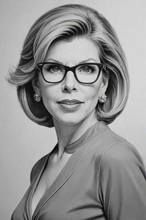 Ravishing Christine Baranski, pencil sketch, portrait of Graceful woman 1959s in glasses, hair style beatnik, outline, clear lines, fine lines, 8k