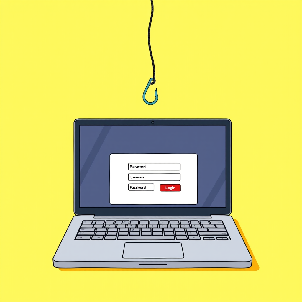Create a high-resolution illustration of a laptop on a bright yellow background with a fishing hook dangling above it, displaying a login form with hidden password fields, using a digital art style, at 300 DPI, with a top-down view, using a vector graphics software.