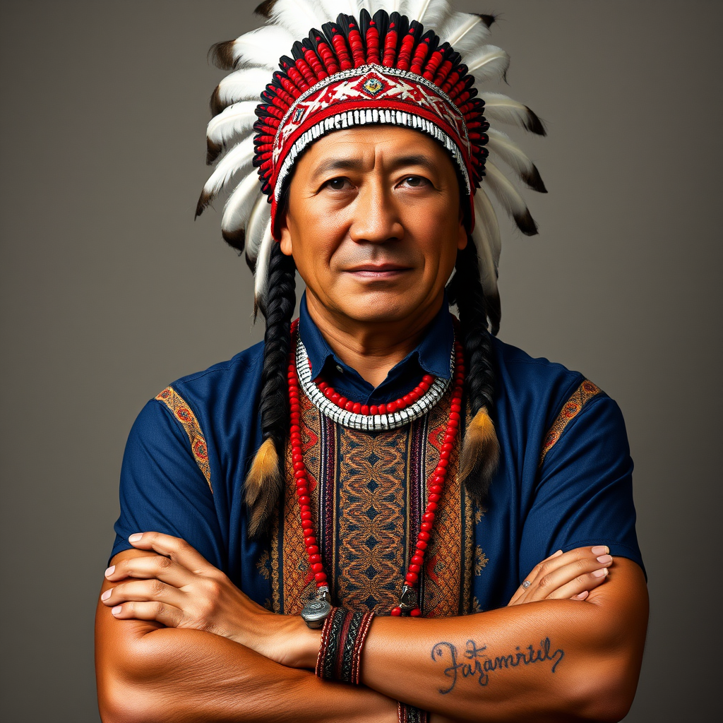 Create a dignified portrait of a Native American man dressed in traditional attire. He wears a beautifully crafted headdress adorned with white feathers and red beads, along with a beaded headband featuring intricate patterns. His clothing includes a deep blue, patterned shirt and a traditional chest piece with detailed beadwork. His arms are crossed, displaying leather armbands decorated with feathers. The background is simple and neutral, emphasizing his proud and stoic expression. The overall image captures the rich cultural heritage and strength of his persona.