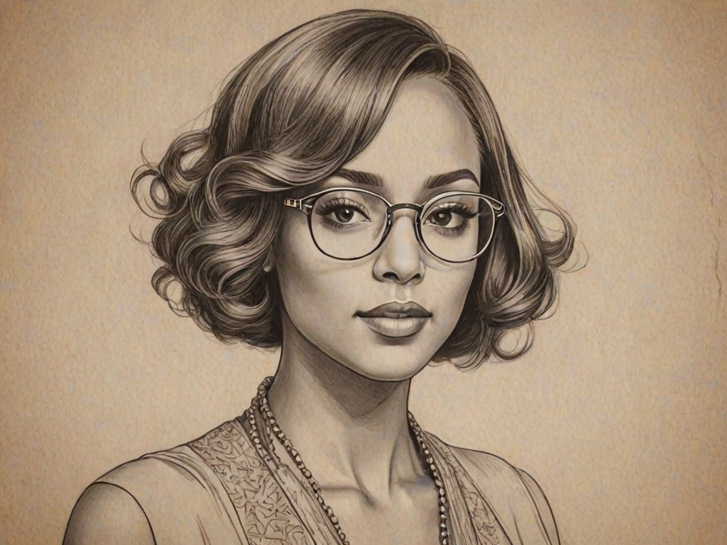 Enchanting Keri Hilson, pencil sketch, portrait of Fascinating woman 1920s in glasses, hair style beatnik, outline, clear lines, fine lines, 8k
