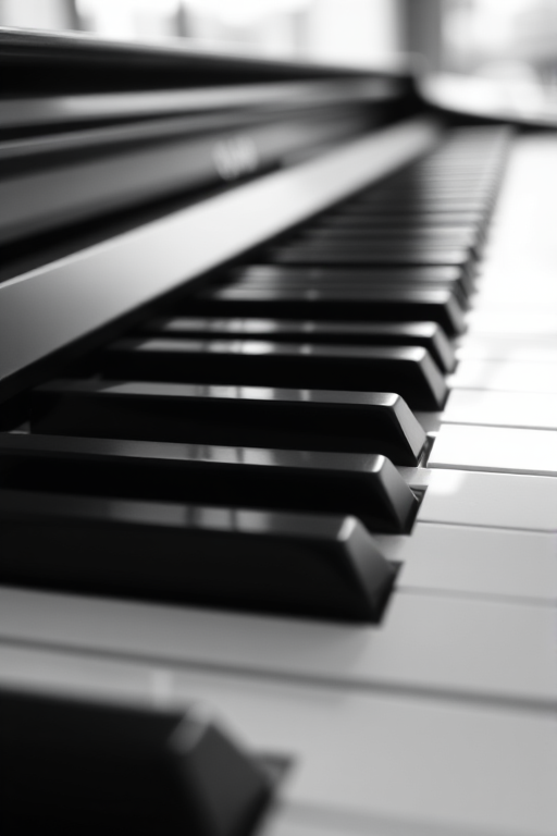 Close-up shot of piano keys in black and white, using a DSLR camera with a 50mm lens, aperture f/2.8, ISO 100, at a low angle for depth of field, natural lighting for a soft shadows effect.