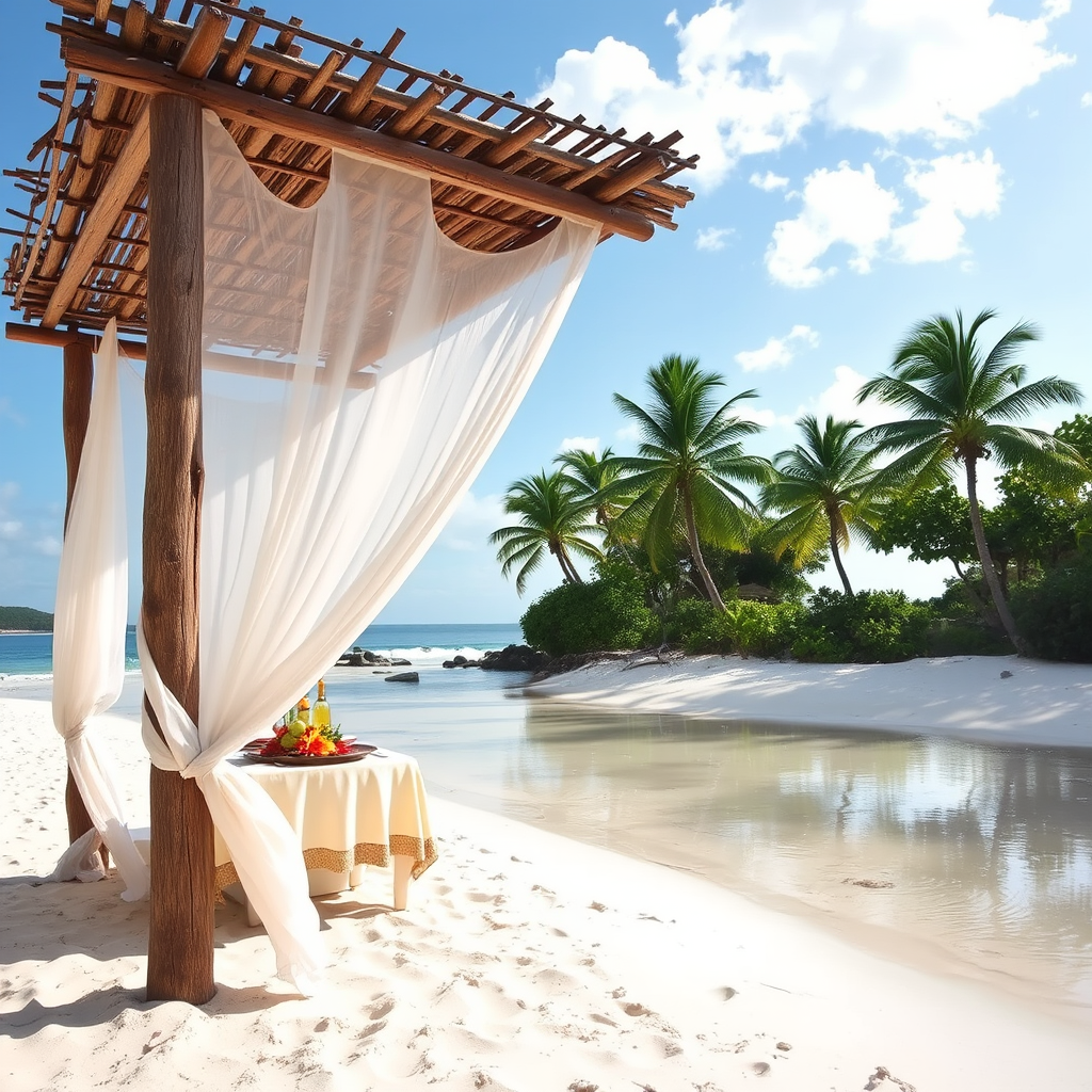 Create a picturesque tropical beach scene featuring a serene, white sandy shore. In the foreground, there's a rustic wooden canopy with white drapes gently flowing in the breeze. Underneath the canopy, a table is set with tropical decor, evoking a sense of relaxation and leisure. The beach extends into a calm, shallow water area with reflections of the sky and surroundings. Palm trees and lush greenery line the edge of the beach, providing a natural, tropical backdrop. The sky is clear with a few scattered clouds, and the overall atmosphere is tranquil and inviting, perfect for a peaceful retreat.