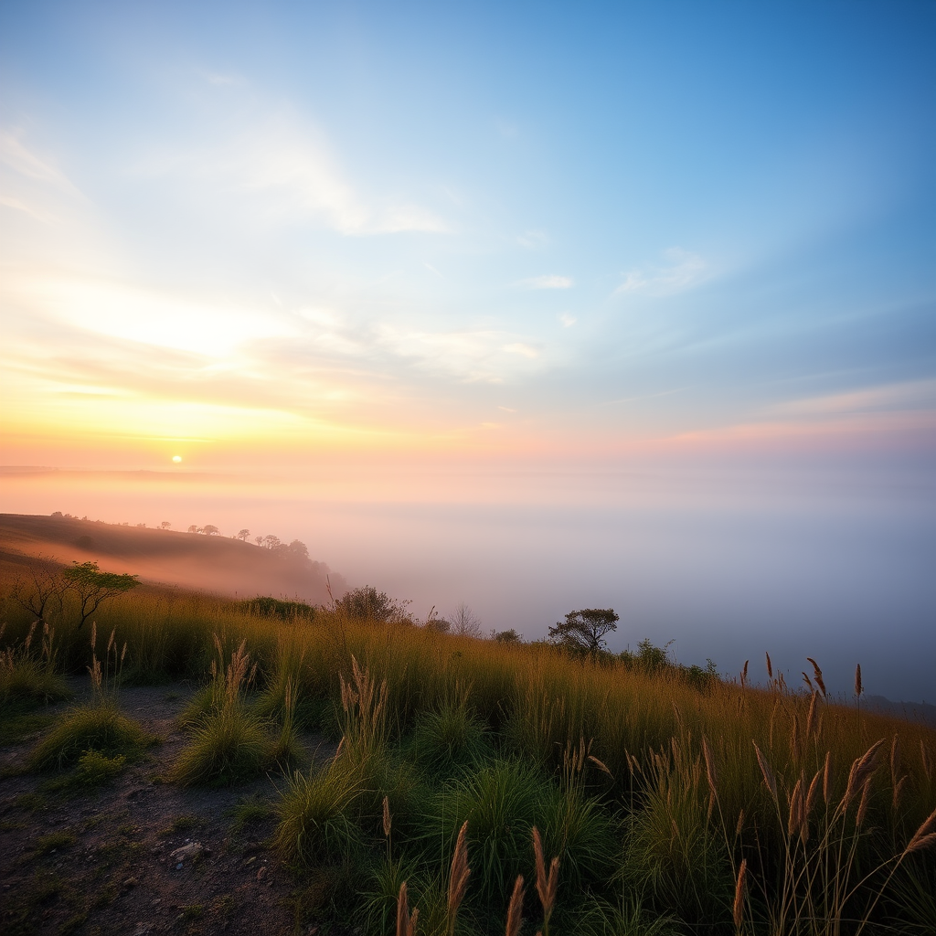 Create a high-resolution image of a serene landscape at sunrise with a gentle fog rolling over a lake, captured with a DSLR camera at f/8 aperture, ISO 100, 1/200 sec shutter speed, wide-angle lens, and soft focus for enhanced depth.